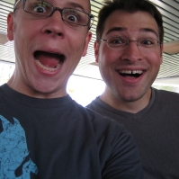 Brian and I excited to be waiting in a line